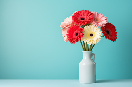 Bouquet of gerbera flower in vase on blue background, a Nature Photo by AlyaAnd
