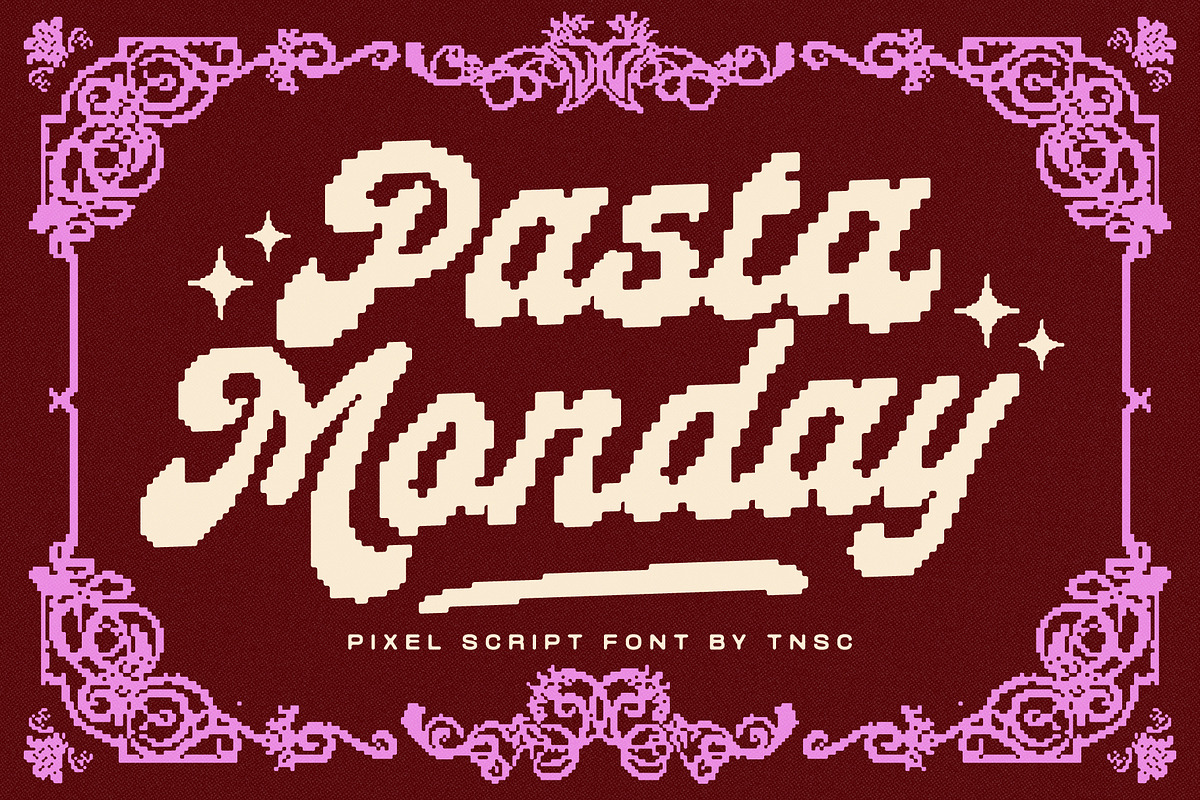 Pasta Monday Pixel Script, a Script Font by The Native Saint Club (Photo 1 of 15)