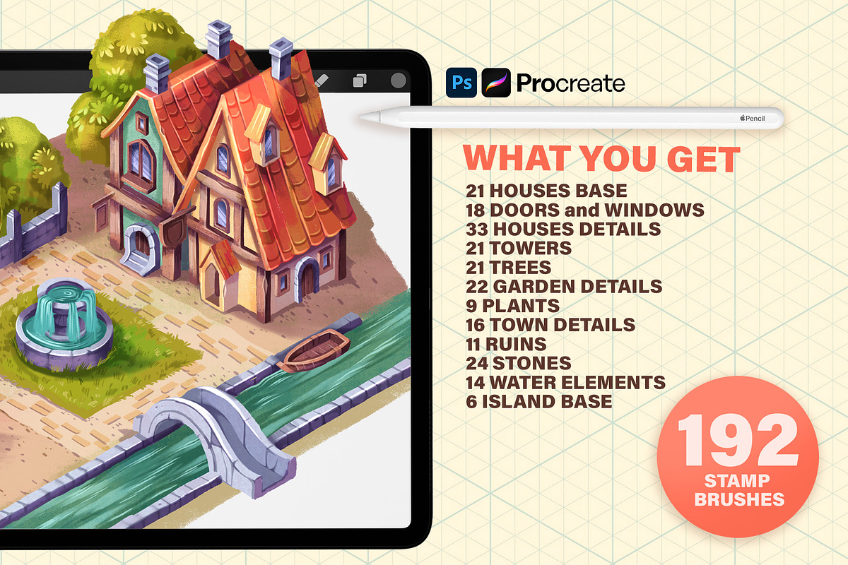 ISOMETRIC TOWN PROCREATE PS CREATOR, a Brush Add-On by AlexandraArt (Photo 2 of 12)