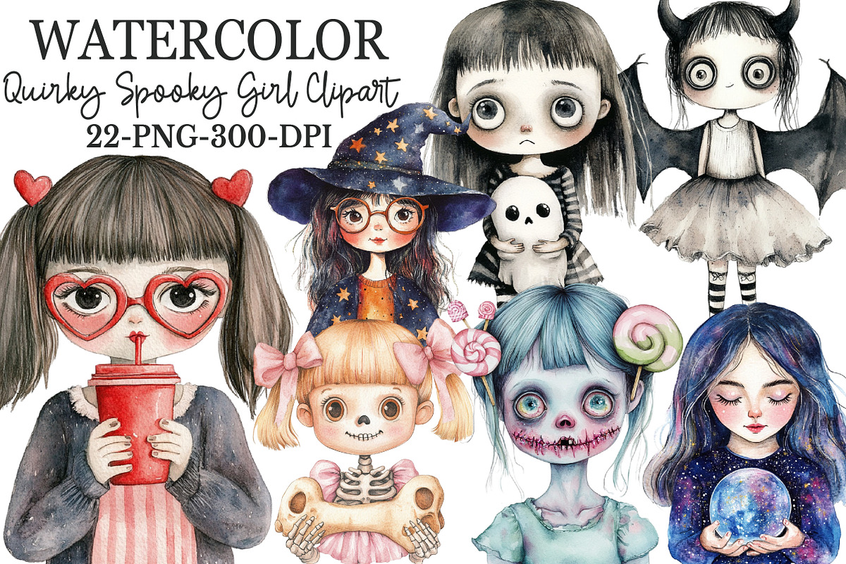 Whimsical Quirky Spooky Girl Clipart, an Illustration by Rose Art (Photo 1 of 7)