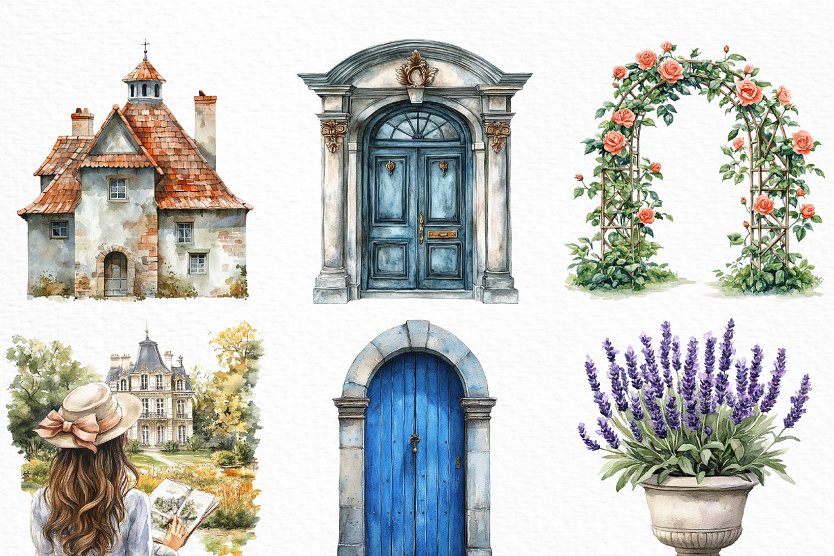 French Chateau Watercolor Clipart, an Illustration by Craft Nest (Photo 3 of 6)