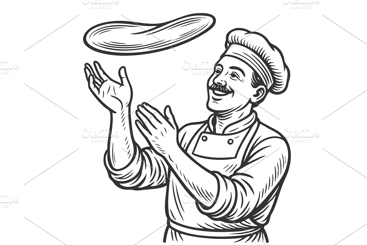 Happy Pizza Chef Tossing Dough, a Person Illustration by AlexArt