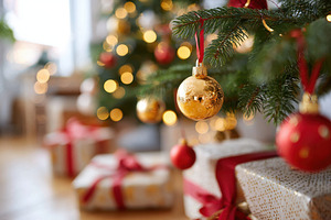 Festive christmas tree with ornaments and gifts, a Holiday Photo by AlyaAnd