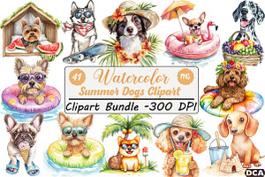 Watercolor Summer Dogs Clipart, an Illustration by DreamCafeArt