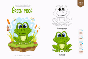 Cute Cartoon Frog, Coloring Page.