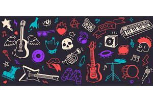 Rock music doodle. Guitar, skull and, an Illustration by winwin.art