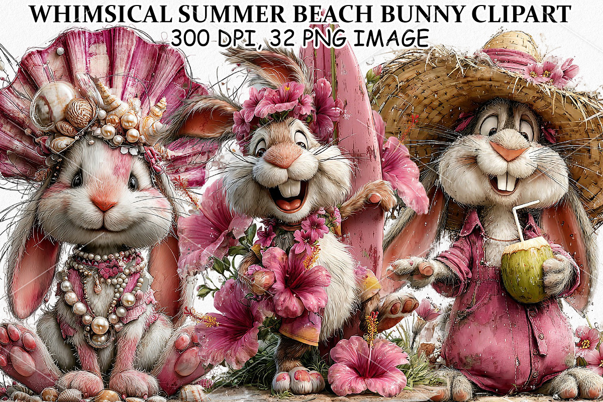 Whimsical Summer Beach Bunny Clipart, a Seasonal Illustration by Canvas Craft (Photo 1 of 3)