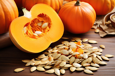 Orange pumpkins with seeds on brown wooden background, a Food & Drink Photo by AlyaAnd
