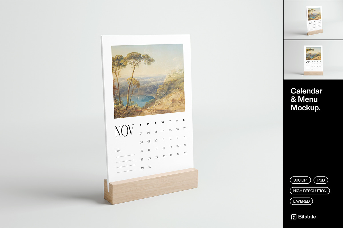 Desk Calendar and Menu Mockup, a Product Mockup by Bitstate Design (Photo 1 of 3)