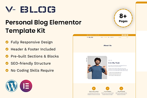 V-Blog Personal Blog Elementor Kit, a WordPress Template by Techeshta Solutions