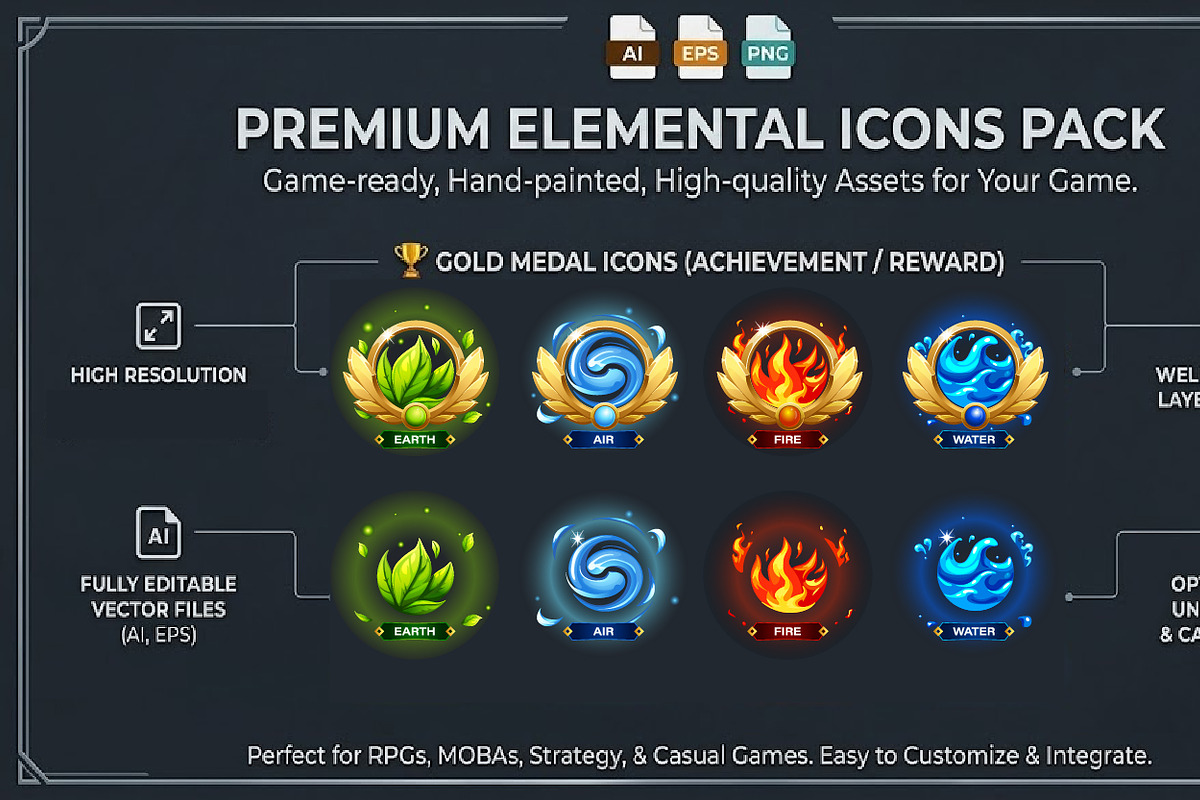 Game Badges: Earth, Air, Water, Fire, a Solid Icon by BabySofja (Photo 1 of 3)