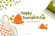 Happy pumpkins. Clipart and patterns, an Illustration by Baranovska (Thumbnail 1 of 7)