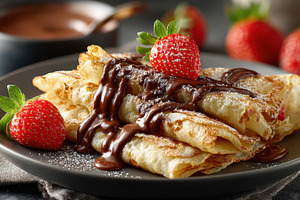 Delicious crepes with chocolate sauc, a Photo by Pixeness Studio