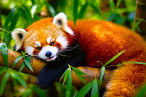 Cute Red Panda on a Bamboo Branch, an Animal Photo by Rafoz