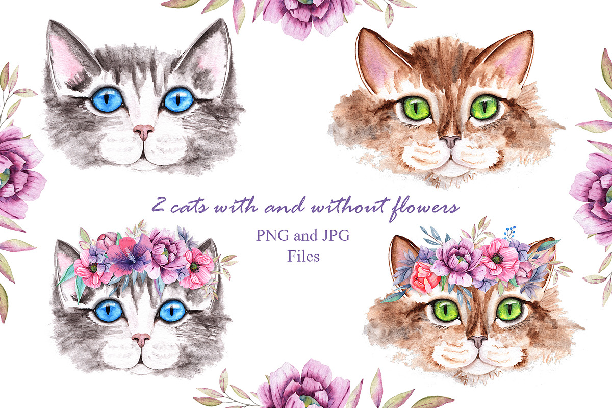 Watercolor Cats and Flowers, an Illustration by TanataDesign (Photo 4 of 13)