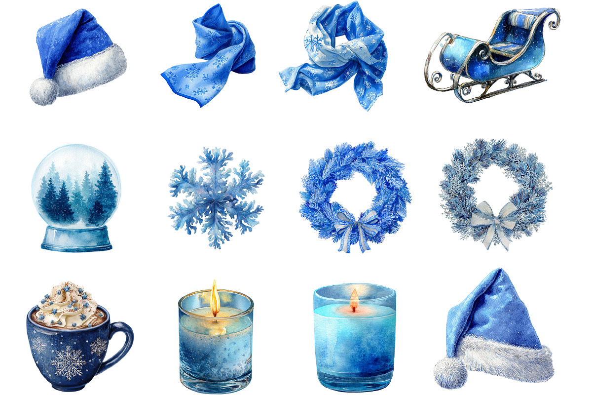 Watercolor Blue Christmas Clipart, an Illustration by Designking (Photo 2 of 4)