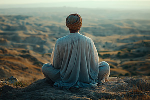 A serene arabic figure sitting cross-legged on a rocky outcrop, overlooking a v, a Person Photo by Textures & Backgrounds