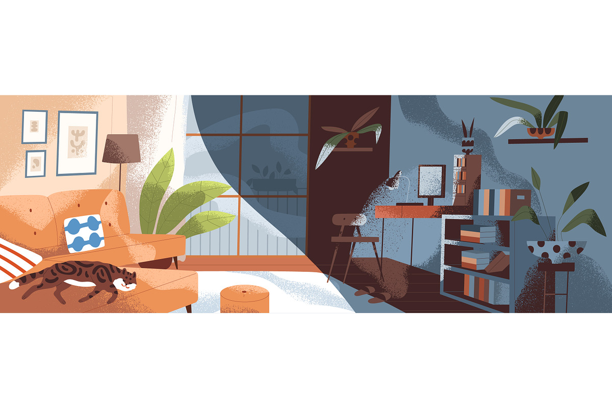 Living room interior at day & night, a Decorative Illustration by Good Studio (Photo 4 of 5)