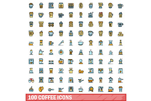 100 Coffee Icons Set, Color Line