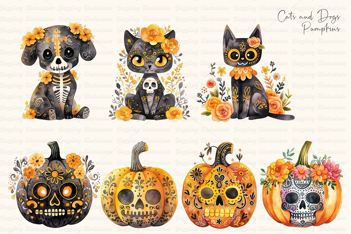 Watercolor Diá de Muertos Set, a Seasonal Illustration by Dazzling Art Boutique (Photo 4 of 9)