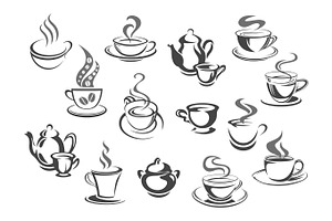 Cup Of Coffee And Tea, Teapot, Sugar Bowl Icon Set