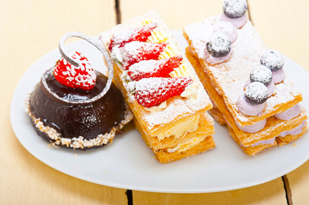 selection of fresh cream cake dessert plate, a Food & Drink Photo by keko64
