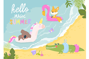 Funny Animals sunbath swimming in, an Animal Illustration by Maria Starus