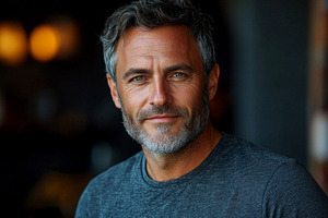 Confident mature man with gray hair and beard wearing a dark gra, a Person Photo by José Manuel Gelpi