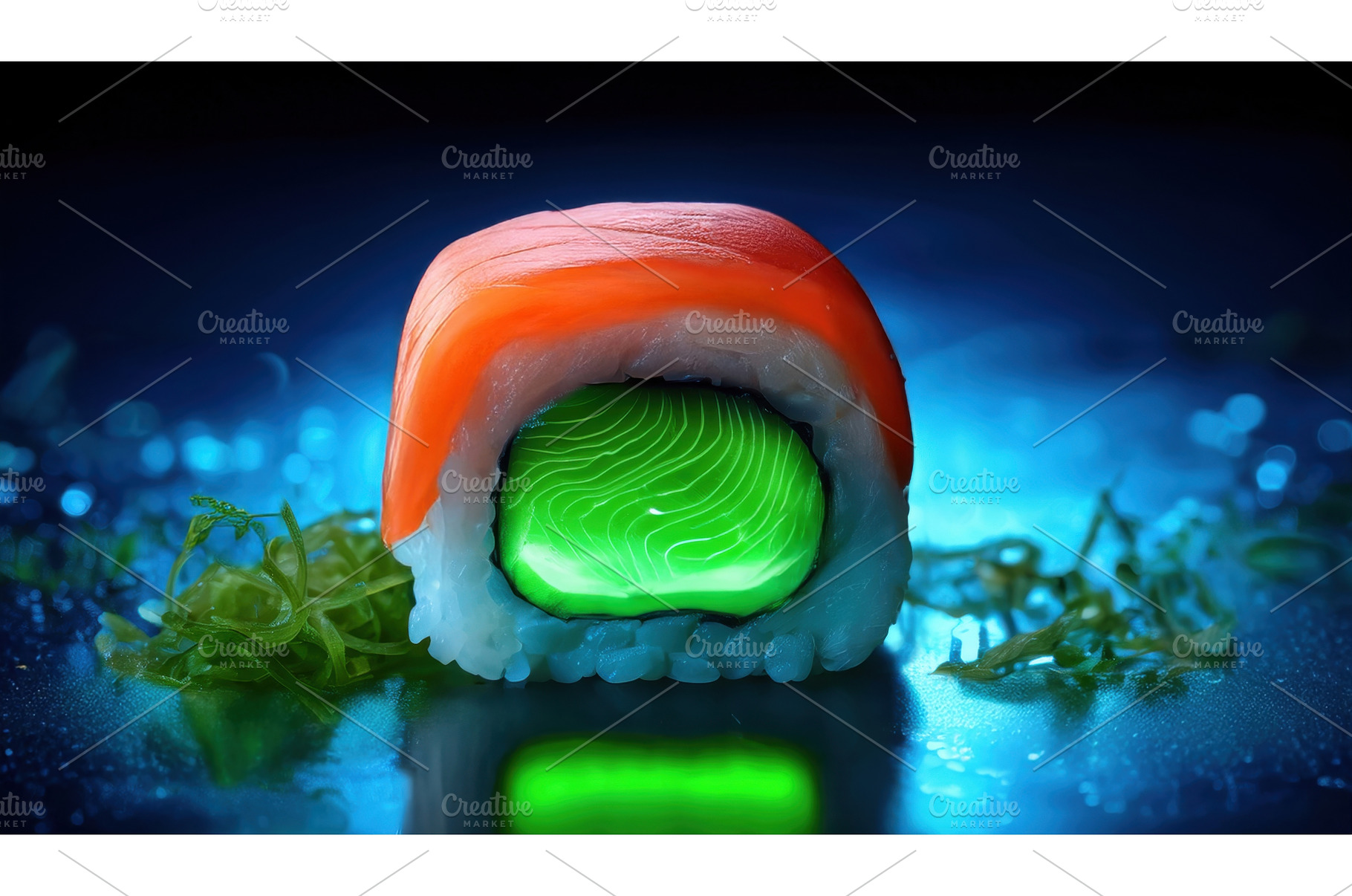 A futuristic sushi roll glowing with, a Background Photo by Igor Tichonow