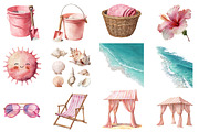 Watercolor Pink Beach Day Clipart, an Illustration by DreamCafeArt (Thumbnail 5 of 8)