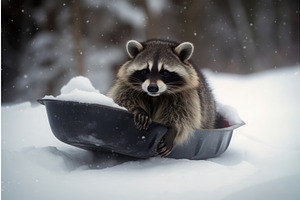 Cute Raccoon In Winter Snow