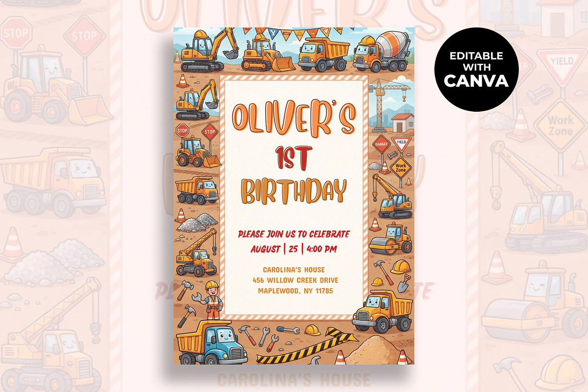 Construction 1st Birthday Invitation, an Invitation Template by M9 Design (Photo 1 of 4)