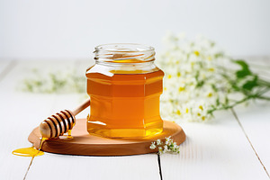 Honey in glass jar on wooden background, a Food & Drink Photo by AlyaAnd