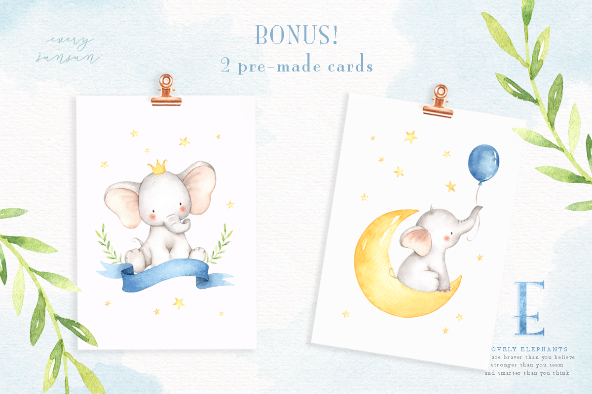 Lovely Blue Elephants Watercolor Set, an Animal Illustration by everysunsun (Photo 5 of 5)