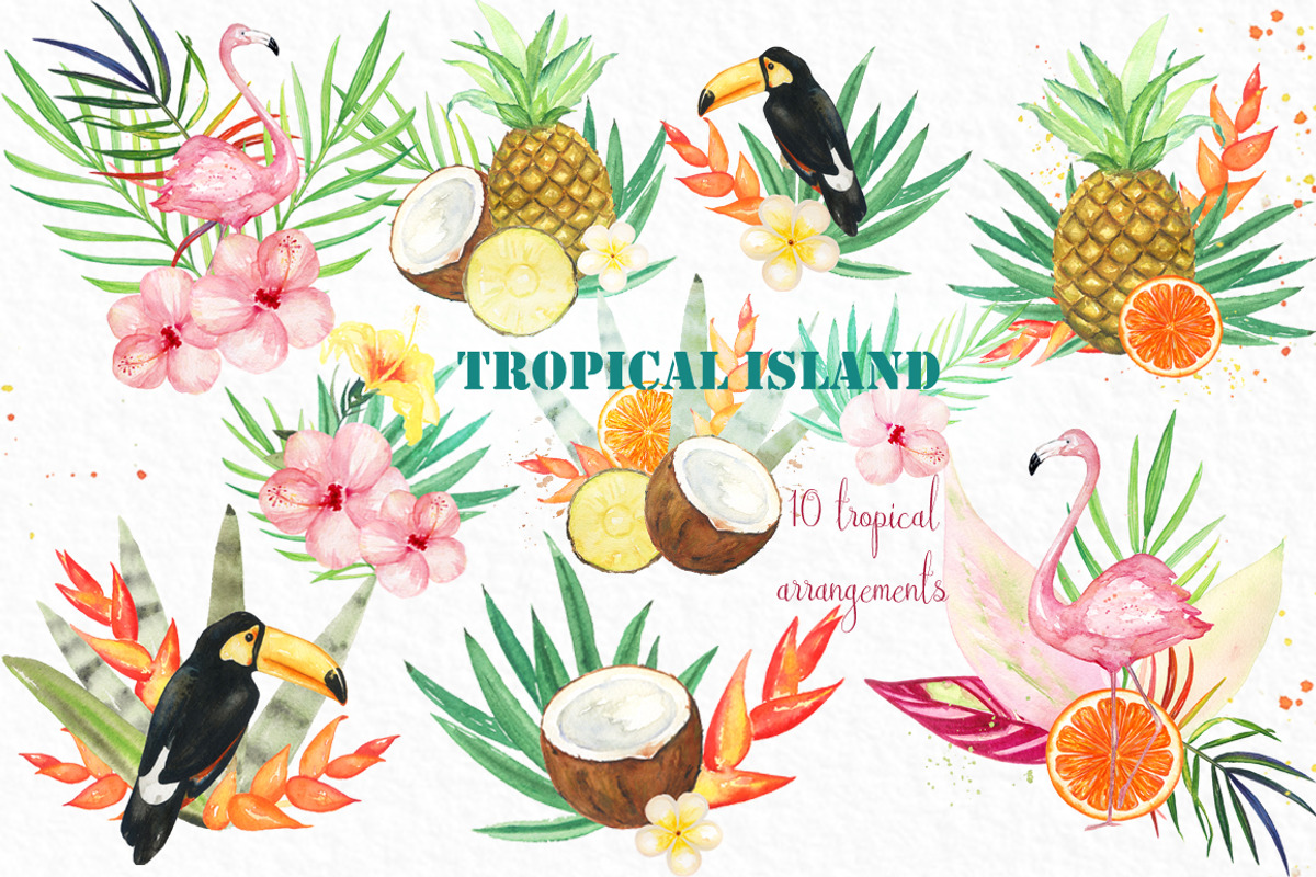 Tropical island. watercolor clipart., a Decorative Illustration by LABFcreations (Photo 3 of 7)