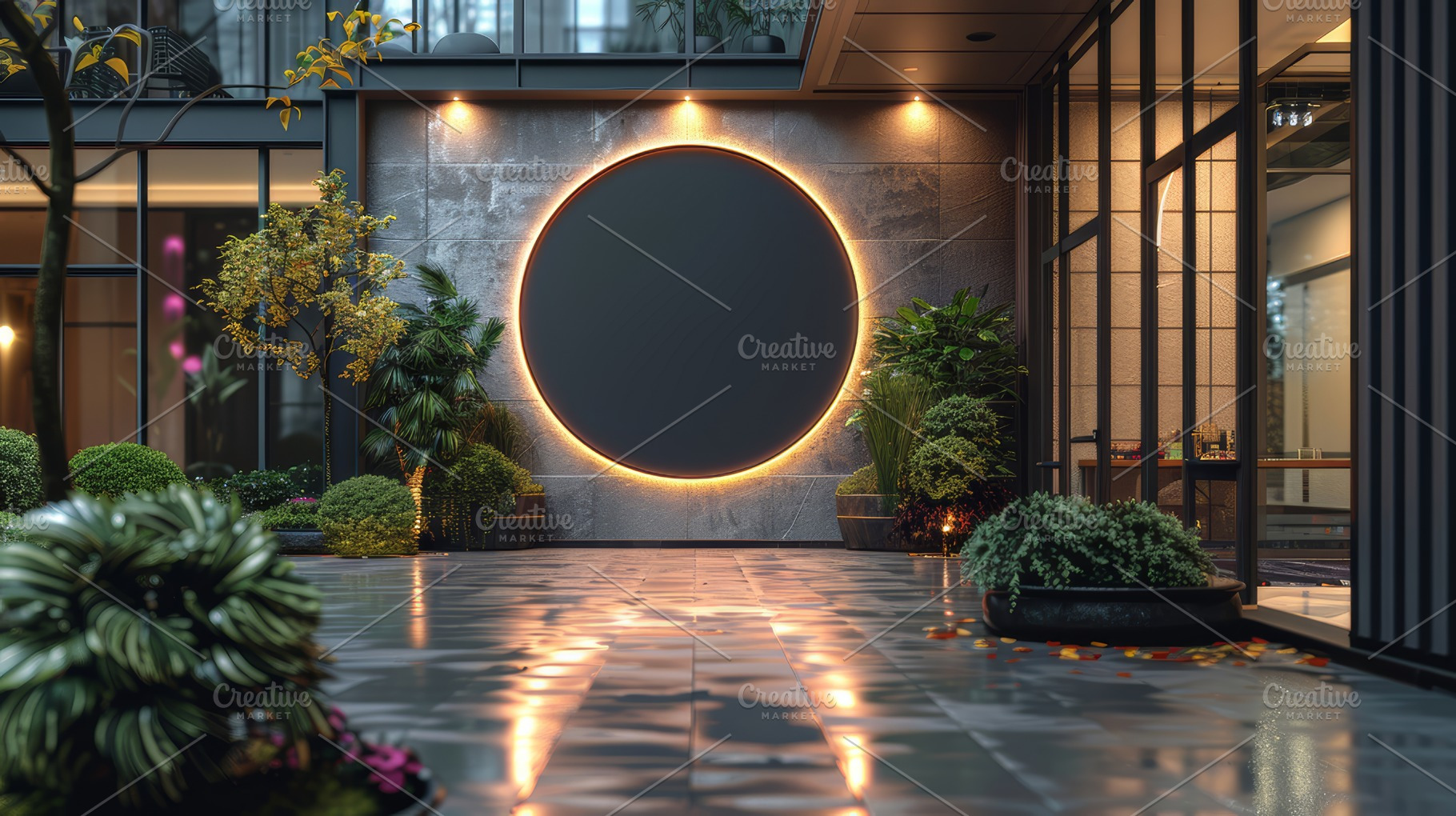 Modern Courtyard with Illuminated Round Signboard and Lush Greenery, a Photo by AS photostudio