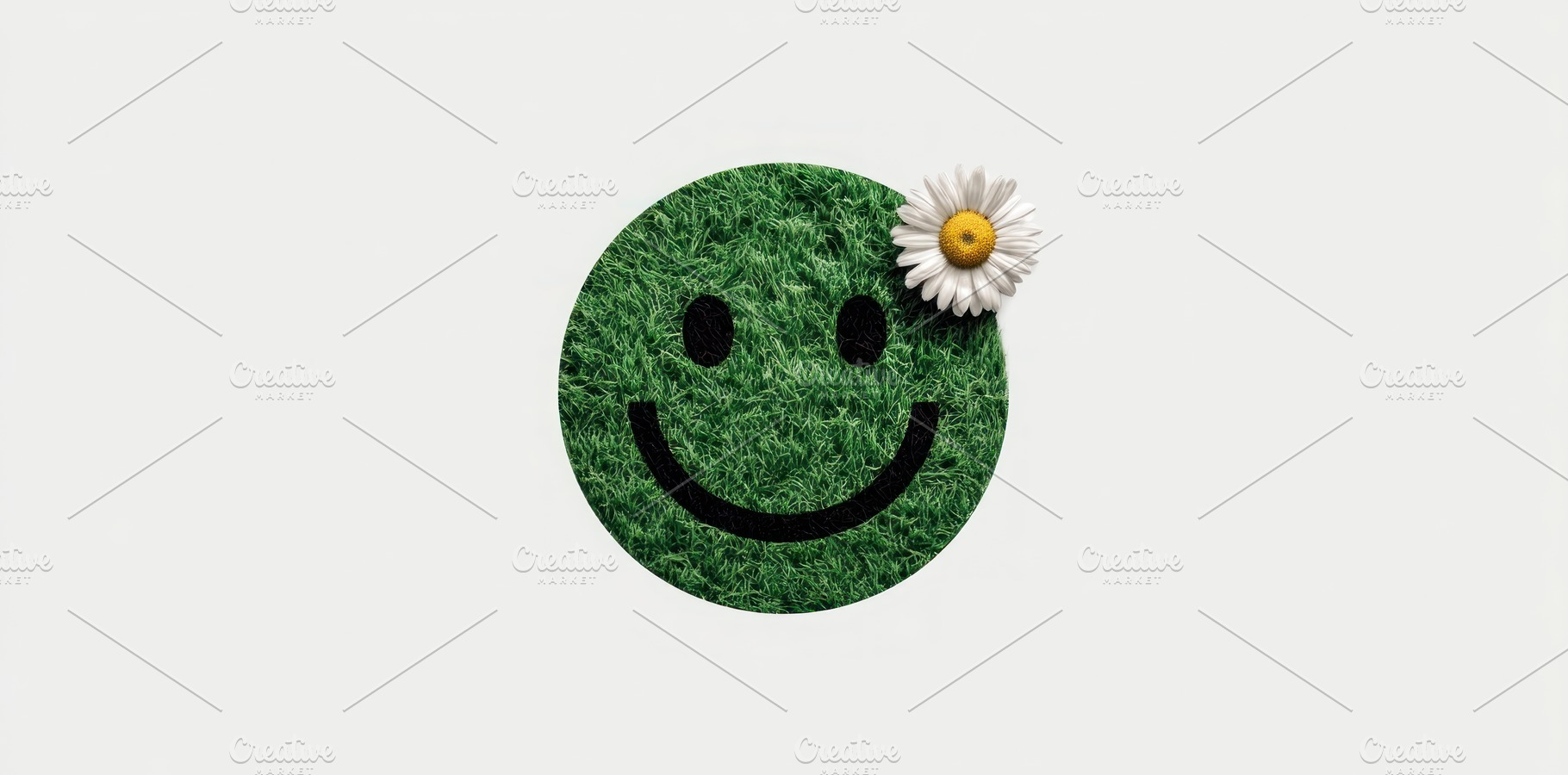 Green grass smiley face with daisy flower on white background sy, an Abstract Photo by José Manuel Gelpi