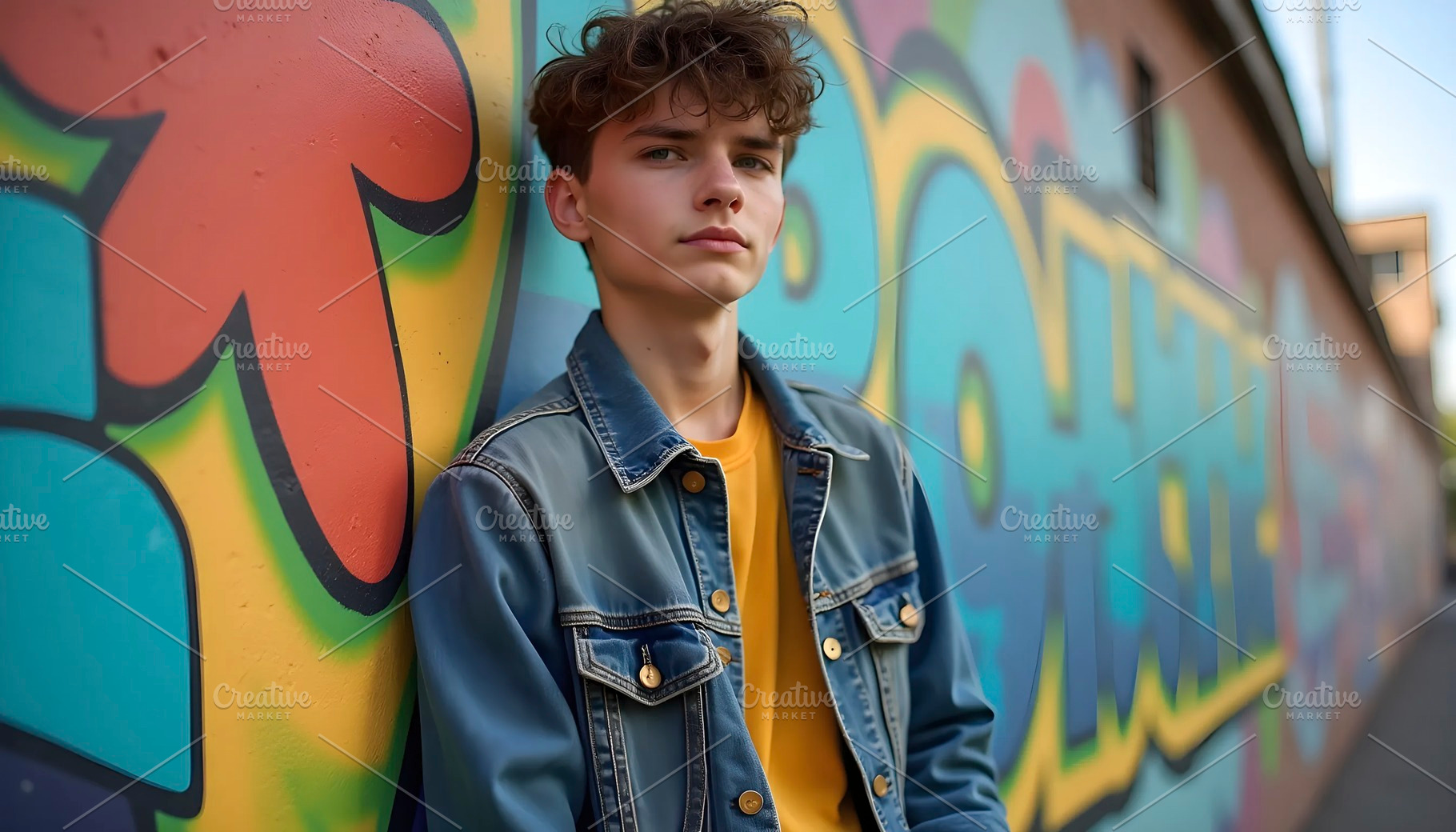 Young Man Posing Against Colorful Gr, a Photo by LOGOCREATIVE