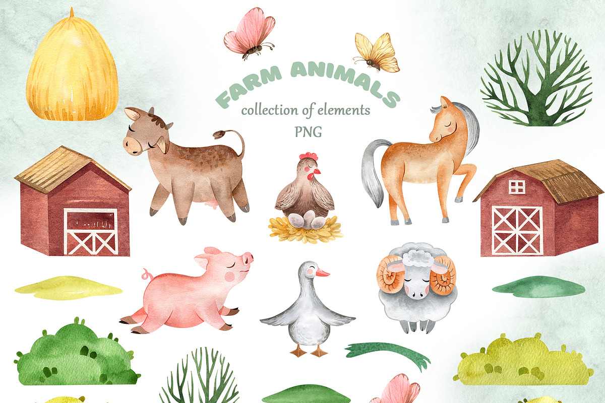 FARM ANIMALS watercolor set, an Animal Illustration by LenArt (Photo 2 of 17)
