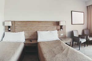 Modern twin hotel room interior view, an Arts & Entertainment Photo by SkyNext