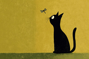 Black cat watches a small insect, a Photo by Beautiful things