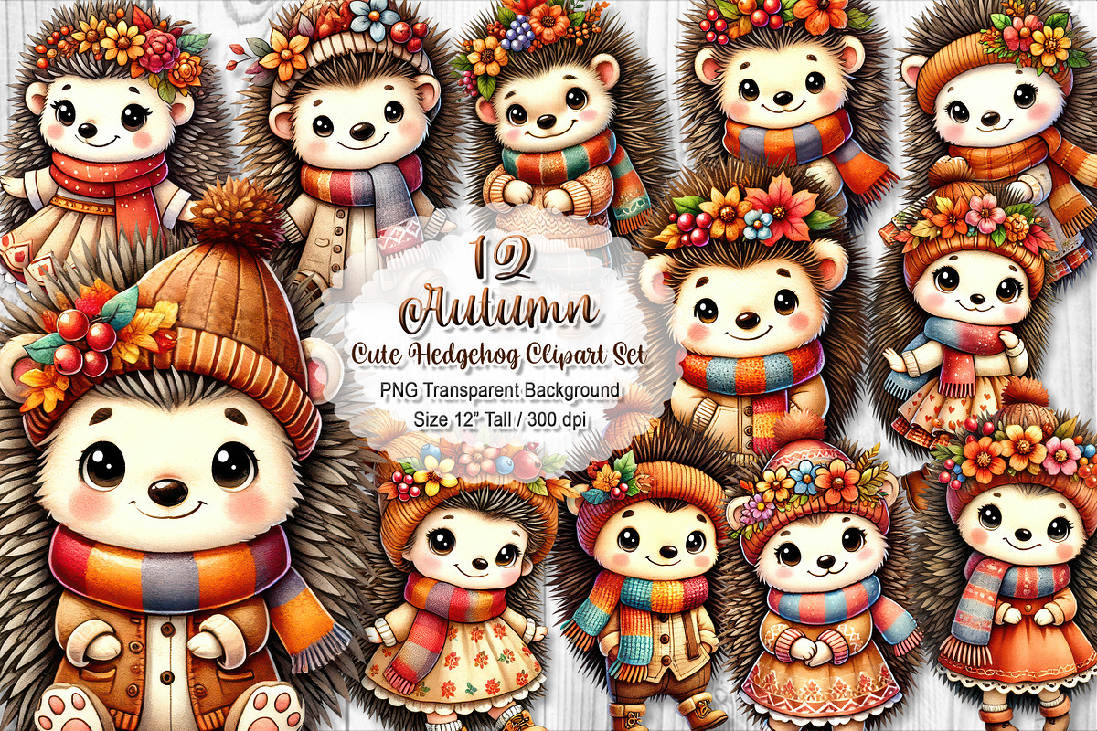 Cute Autumn Hedgehog Clipart Set, a Seasonal Illustration by V Design Creator (Photo 1 of 9)