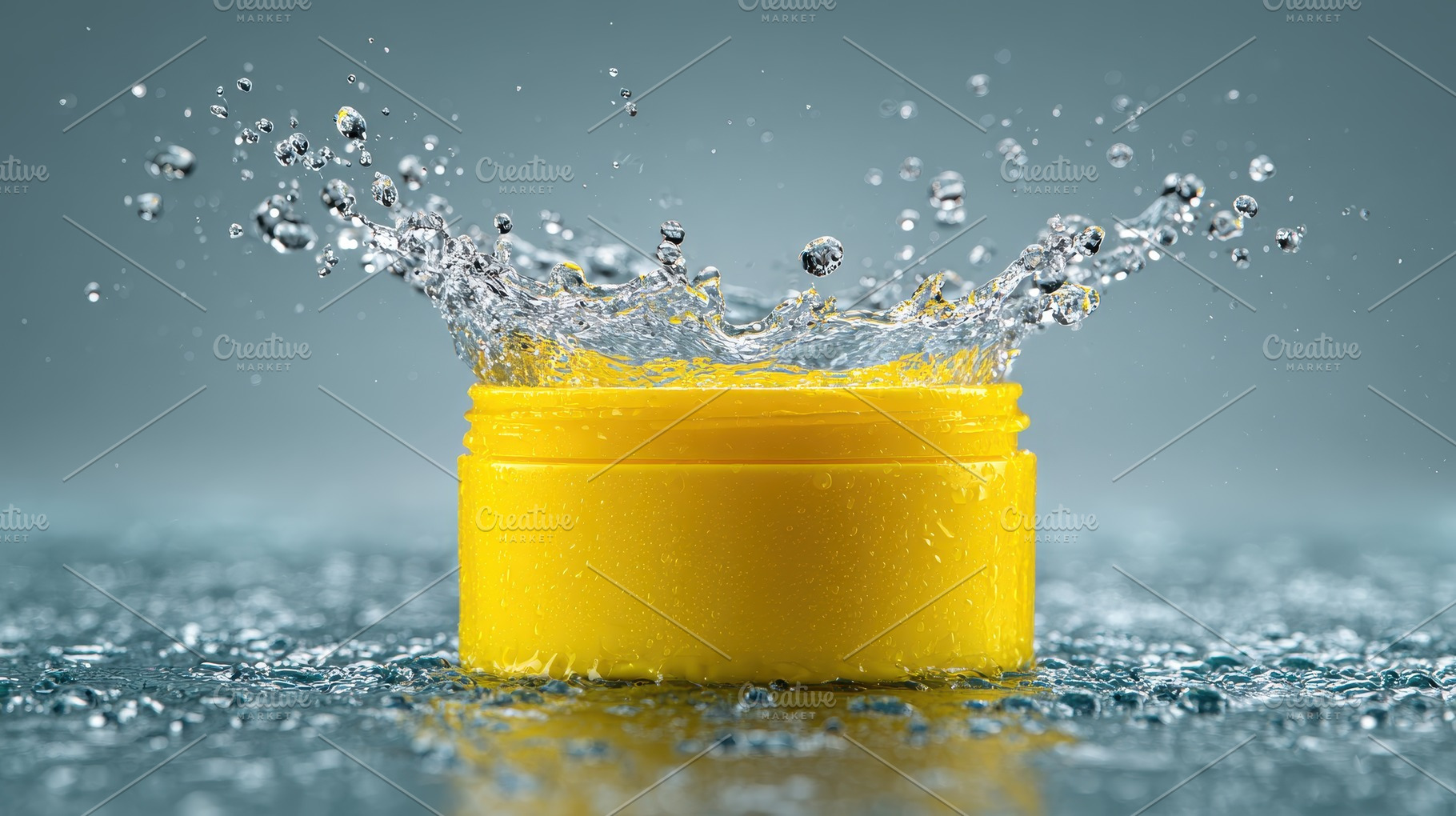 Yellow jar in water splash refreshin, a Photo by Pixeness Studio