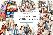 Watercolor Father & Kids Clipart, a Person Illustration by BusyDaydesign (Thumbnail 1 of 9)