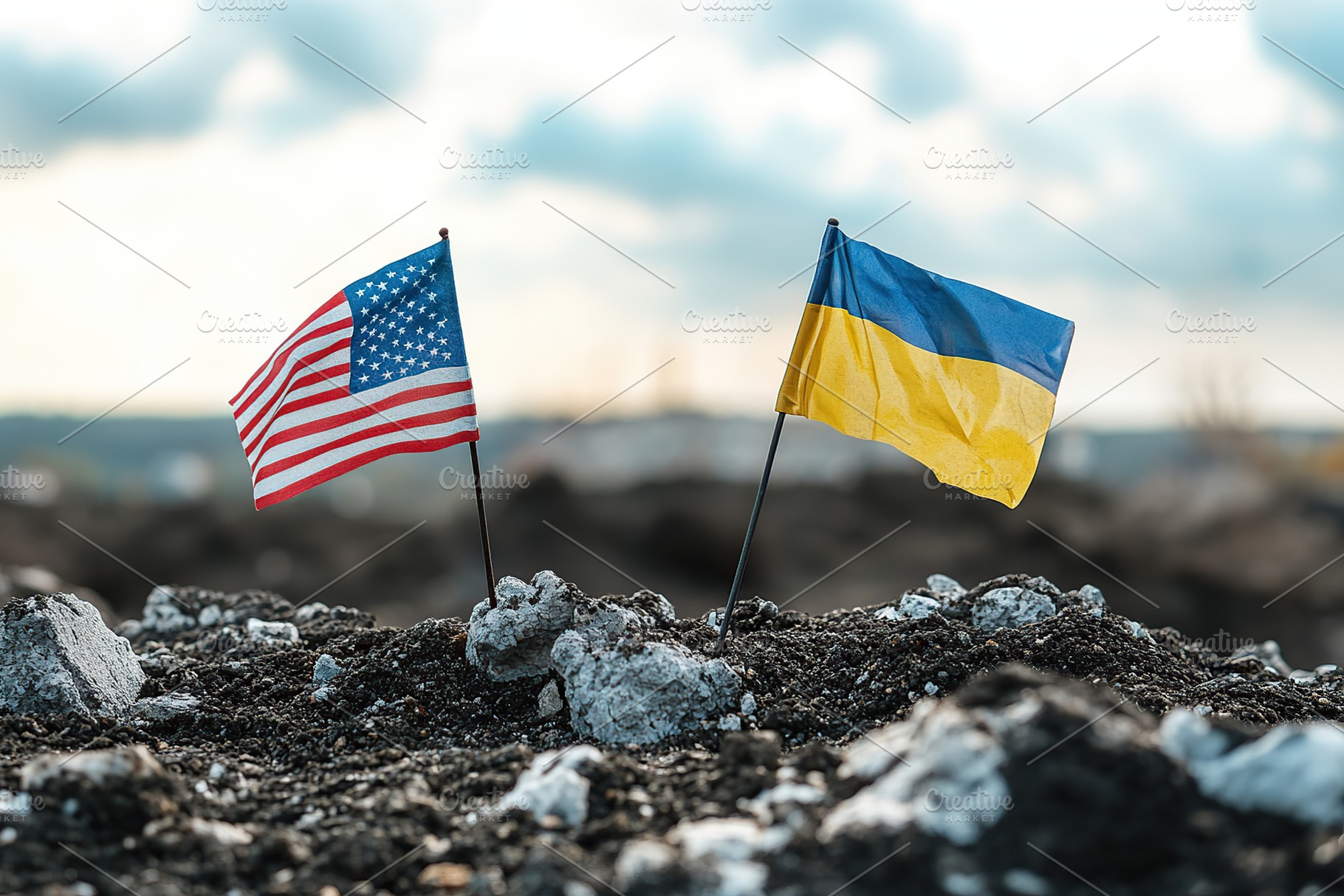 Two flags, one representing the United States and the other Ukraine, are plante, a Photo by AlyaAnd