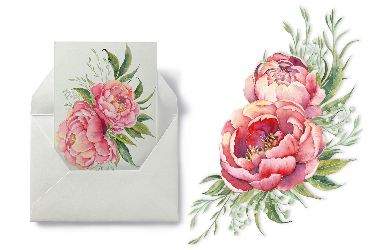PEONY watercolor clip art & patterns, an Object Graphic by Jeanna Draw (Photo 2 of 15)