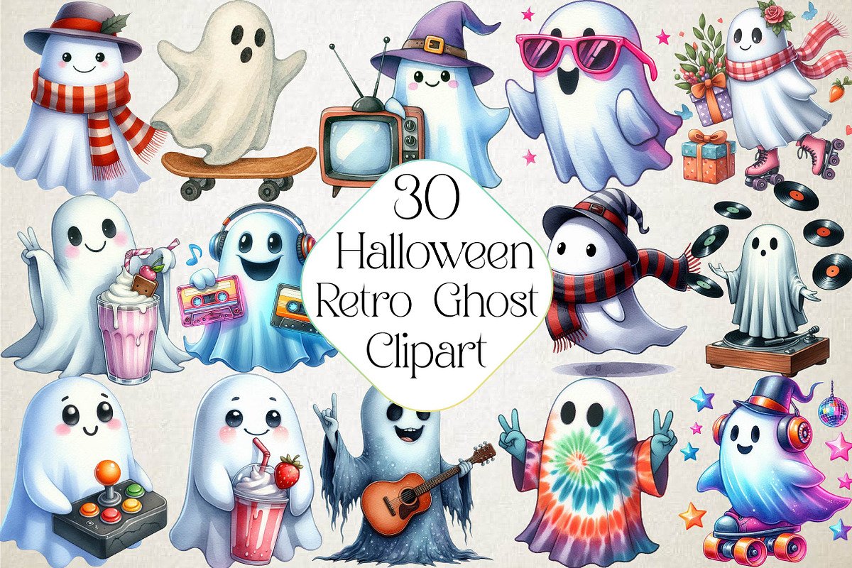 Funny Retro Halloween Ghost Clipart, an Illustration by DreamPrint404 (Photo 1 of 6)