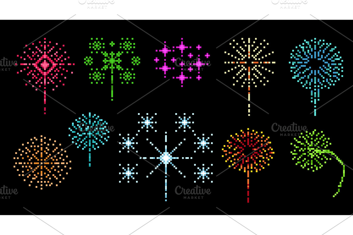 Pixel fireworks. Night sky lights, an Object Illustration by YummyBuum