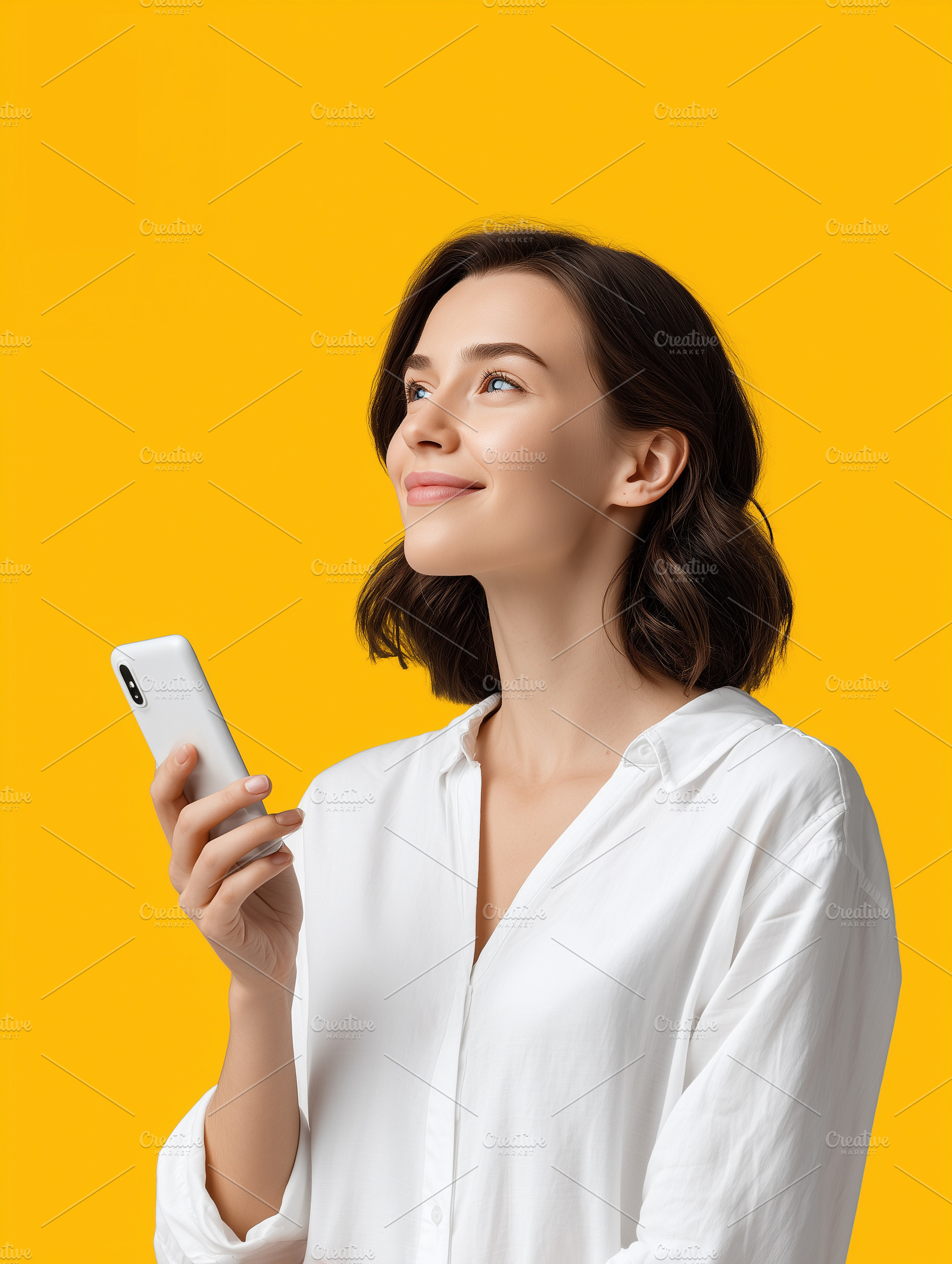 Smiling young woman holding a phone, a Technology Photo by MistyDay