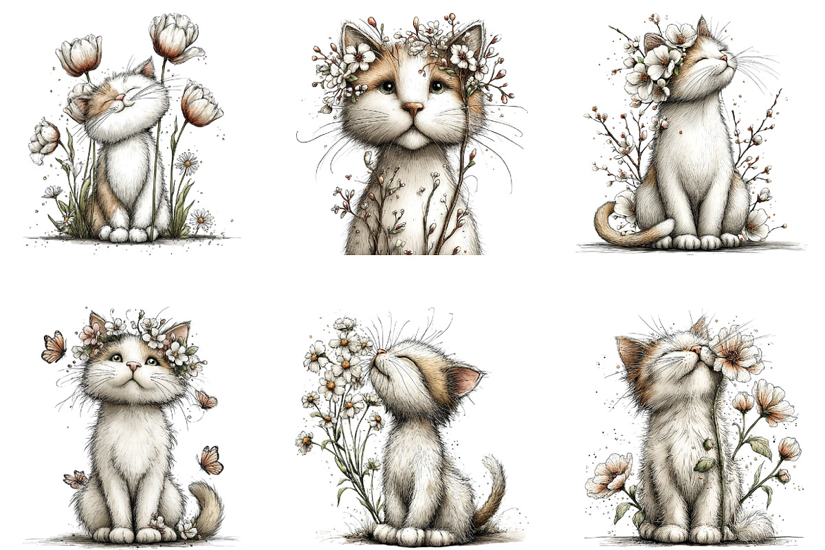 Spring Cat White Floral Clipart, an Illustration by CraftArtStudio (Photo 6 of 6)